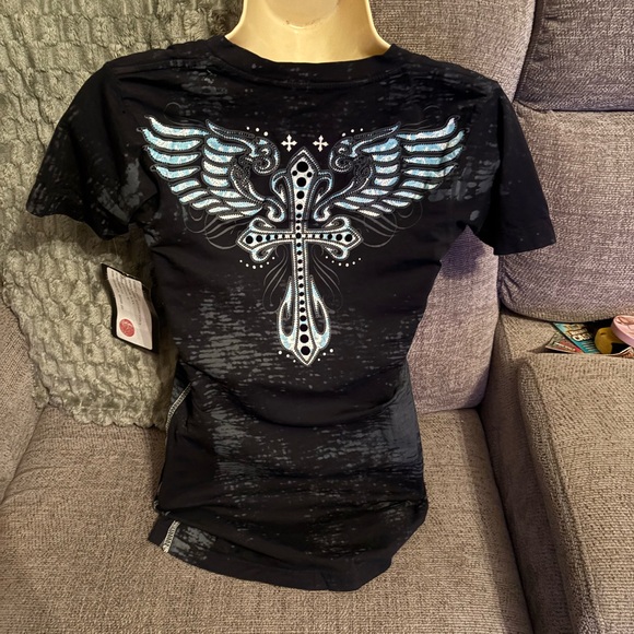 Affliction Women's Black and Blue Winged Tee - Picture 6 of 7